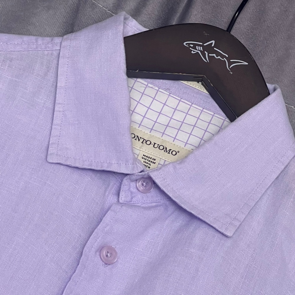 Pronto Uomo Button Up Shirt Mens Large Purple Excellent 100% Linen Short Sleeve